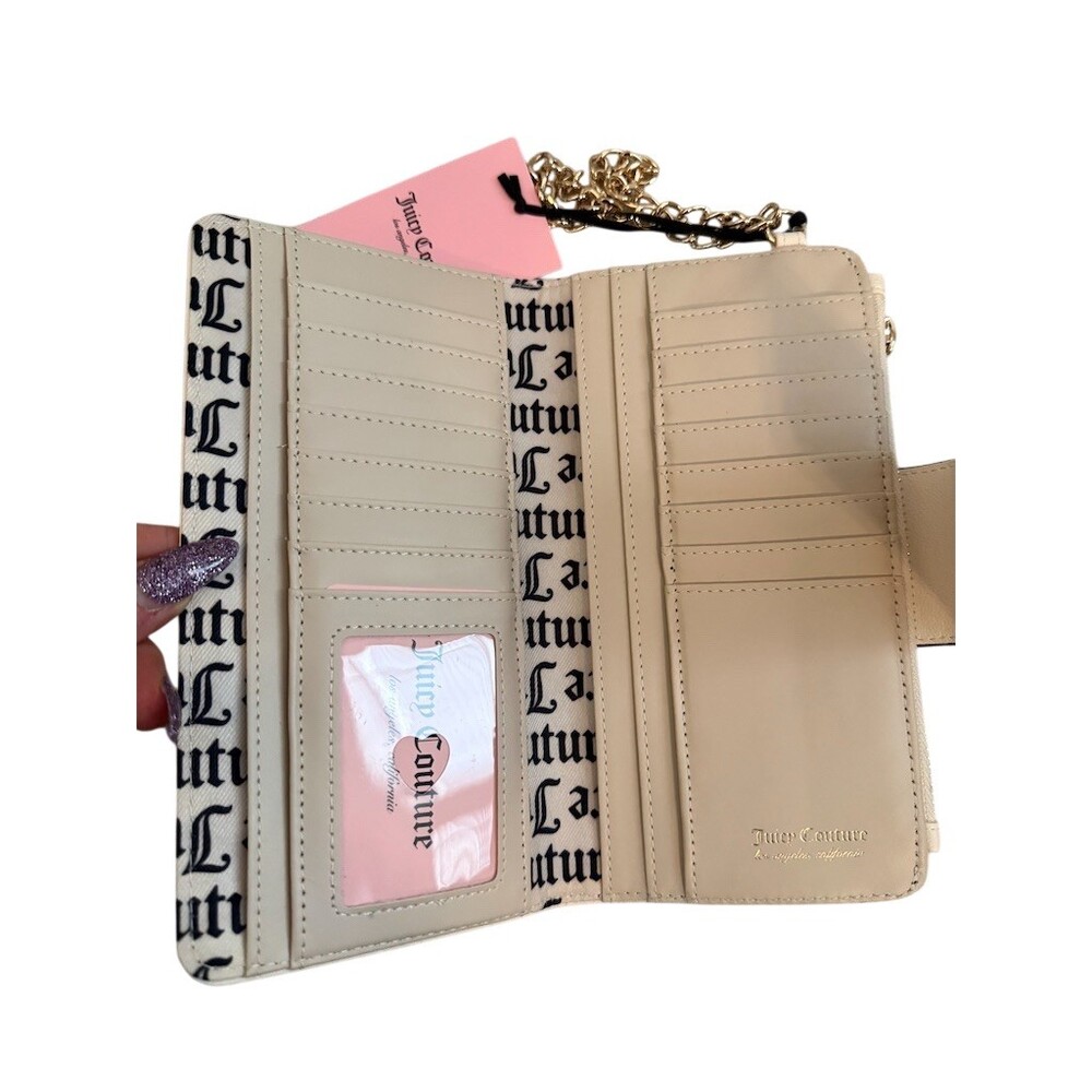 Juicy Couture Tab Wallet Womens Ivory JC Logo Chain Heart Charm Rhinestone - Picture 5 of 5